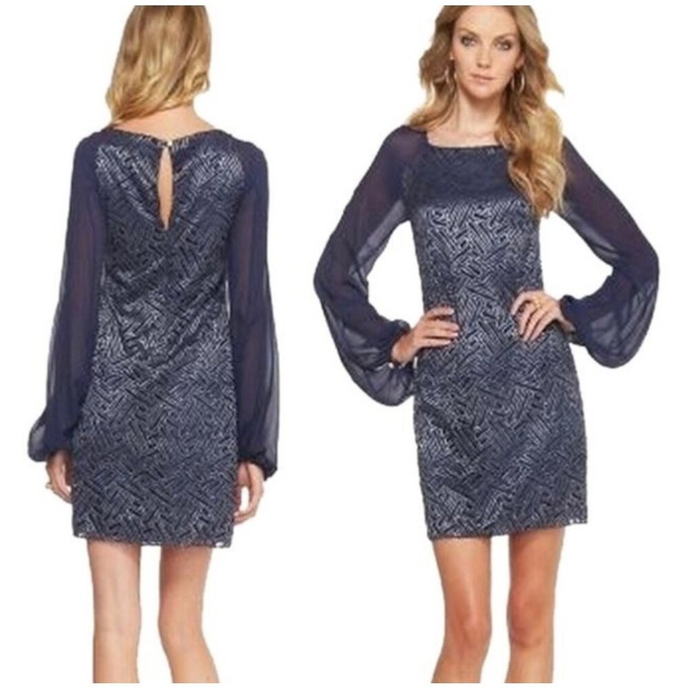 $268 Lilly Pulitzer 2 Carleigh Tunic Dress Bamboo Geo Lace Navy Metallic Silver - Picture 1 of 7